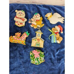 Vintage Set of Seven Felt Christmas Ornaments Including Santa‎ and A Bear